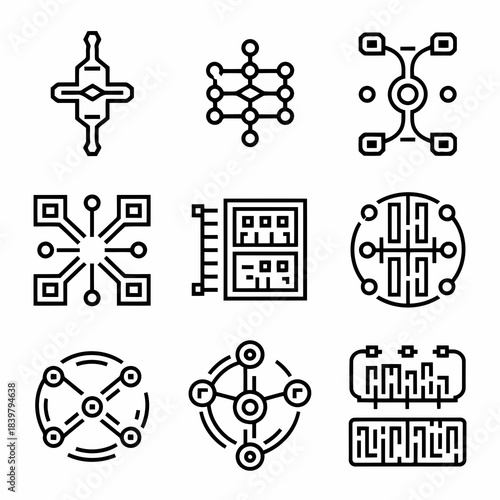 Set of nine abstract network and connection icons in a 3x3 grid, featuring various styles and designs
