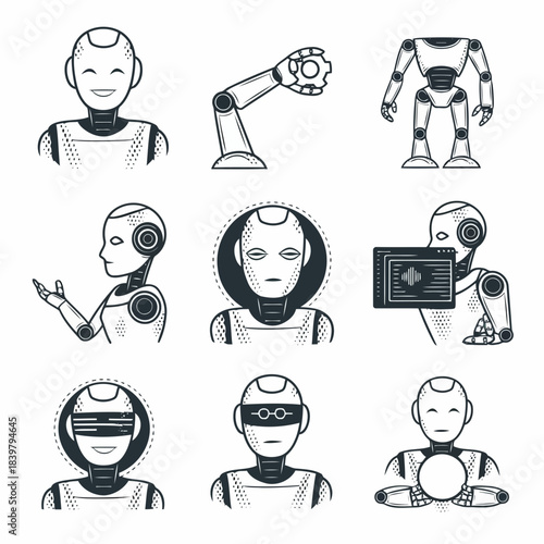 Collection of various futuristic robots in different poses and styles, illustrated in a minimalist black and white design
