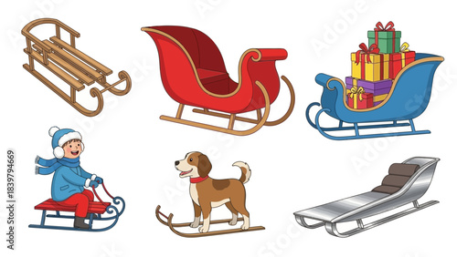 Winter-themed illustration featuring sleds, sleighs, a child riding in snow, a cheerful dog, and gift-filled holiday sleighs in a colorful, joyful seasonal vector style.