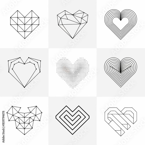Nine different geometric heart designs with intricate patterns and lines on