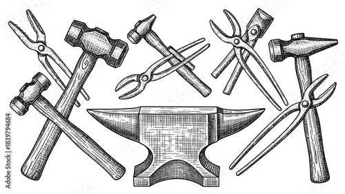 Classic blacksmith tool set featuring hammers, tongs, and an anvil rendered in detailed hand-drawn engraving style evoking craftsmanship, tradition, and metalworking heritage.