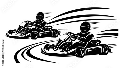 High-intensity silhouette illustration of two go-kart racers drifting around a sharp curve, emphasizing speed, motion, and competitive racing dynamics in bold black lines.