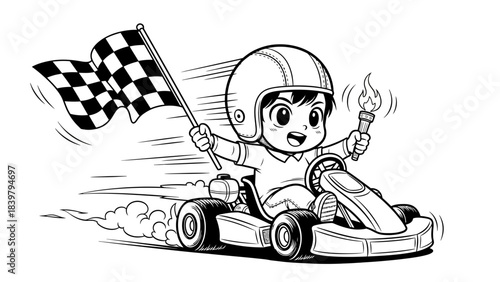 Cheerful young racer driving a go-kart at high speed while holding a blazing torch and a checkered flag, illustrated with lively motion strokes and energetic style.