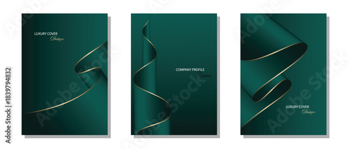 Luxury green cover design. Set of green cover with gold line with fold paper decoration. Suit for banner, invitation, card, poster and others