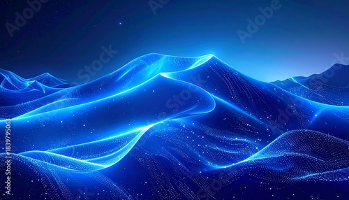 Fototapeta Naklejka Na Ścianę i Meble -  Digitized, luminescent blue dunes under a starry, twilight sky