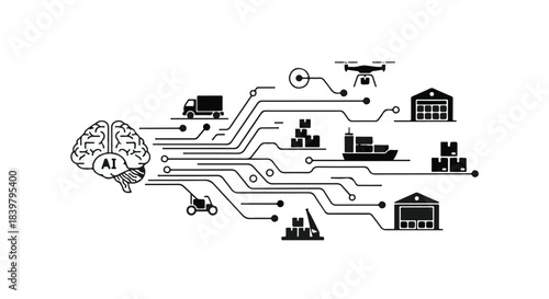 AI powered logistics network connecting brain with transportation and warehouses