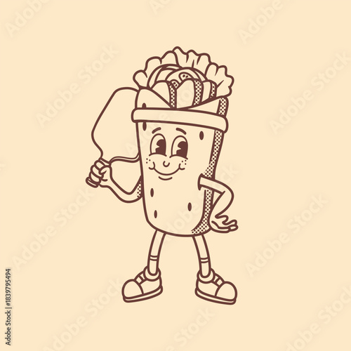 mascot shawarma vintage with pickleball racket good for branding, doodle, logo design, etc