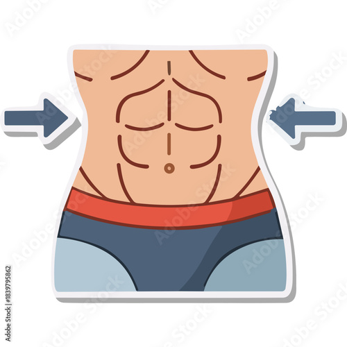 Illustration of a Toned Muscular Abdomen with Arrows Indicating Waist Slimming and Body Shaping Results on a White Background