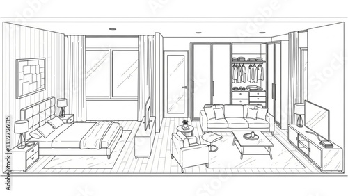 High-quality black line art of a loft studio apartment bedroom layout integrated with living space and wardrobe, modern compact interior design