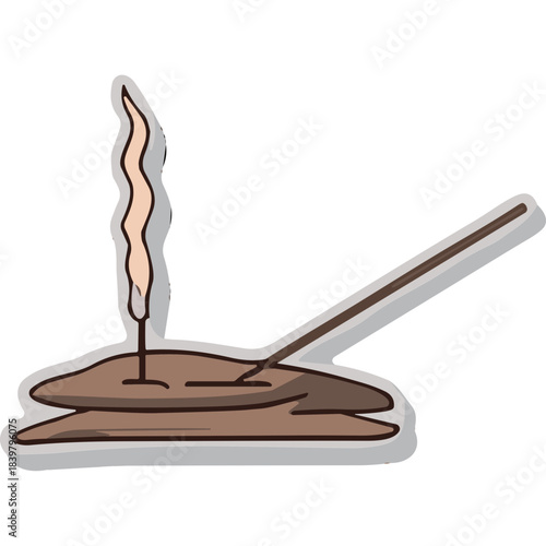 Incense Stick Burning With Smoke Wisps Rising from Brown Ash Pile Against Dark Background with Subtle Shadow and Outline