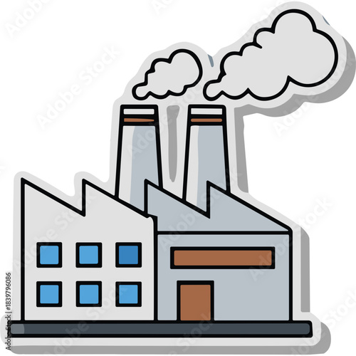Industrial factory building with two tall smokestacks emitting white smoke against a dark background featuring a gray facade with brown accents and blue windows