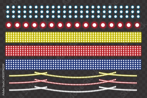 Collection of vibrant led light strips and garlands on dark background