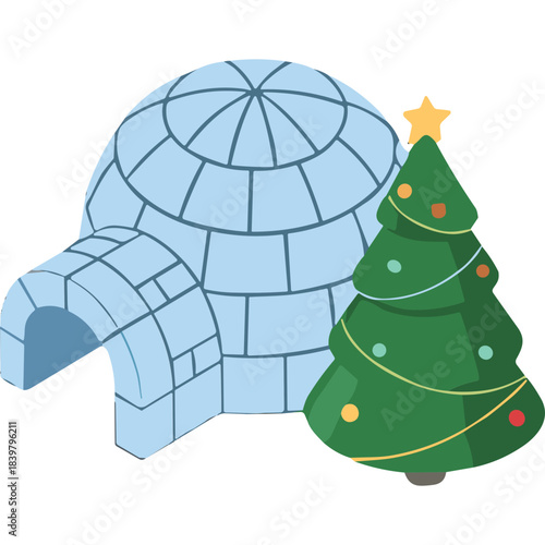 Isometric Illustration of a Blue Igloo and a Decorated Christmas Tree with a Yellow Star Topper Against a Black Background