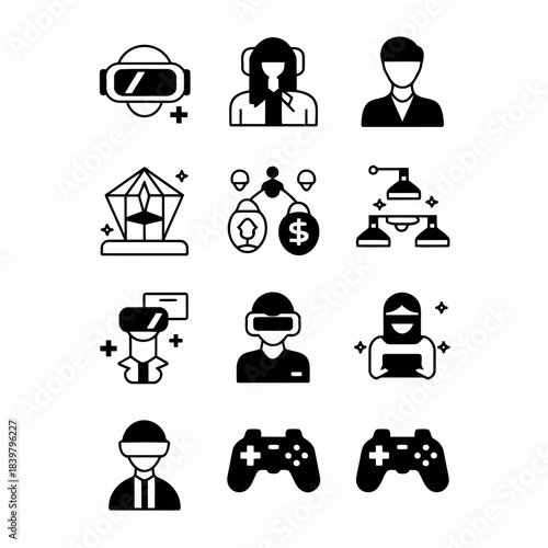 Set of icons representing virtual reality, business, finance, gaming, and technology concepts