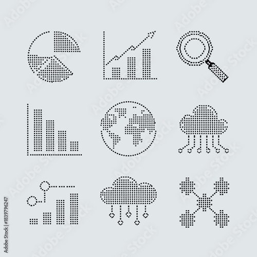 Set of nine icons representing data analysis, cloud computing, and network connectivity concepts