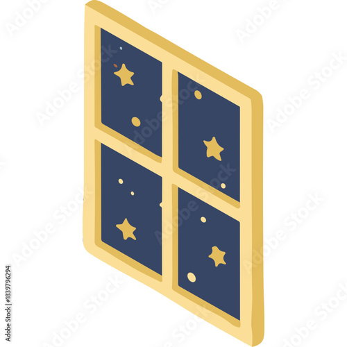 Isometric view of a golden window frame with dark blue panes showing yellow stars and dots against a night sky backdrop illustrating a celestial scene