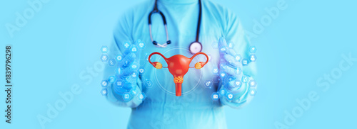 Quadro em tela Gynecologist examining a uterine model against a light blue background