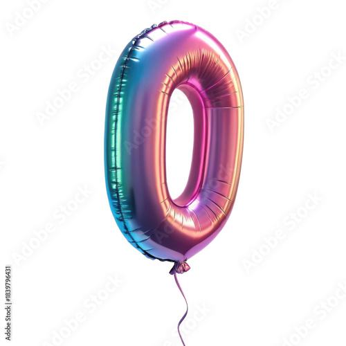 Joyful celebration number zero balloon with an iridescent foil texture. Shiny, festive 3d render for party or anniversary event