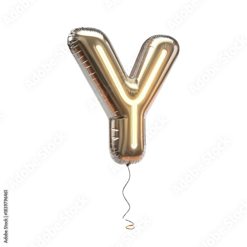 Festive golden letter Y balloon with neon light. This isolated typography element for party or celebration has shiny, metallic finish
