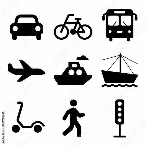 Set of transportation icons including car, bicycle, bus, airplane, boat, scooter, walking figure, and traffic light