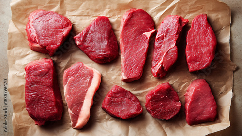 Various raw beef cuts arranged on brown paper. Fresh red meat assortment for cooking, grilling, or butchery. High-protein food concept emphasizing natural texture and freshness