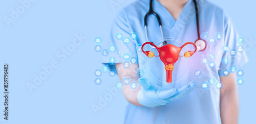 Gynecologist examining a uterine model. Concept of cervical cancer screening and Pap test awareness. HPV. 3D model of a cervix with cancerous cells. Isolated.