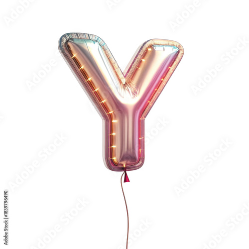 Joyful rose gold balloon letter Y font. 3D render of festive foil alphabet character for celebration, isolated on background