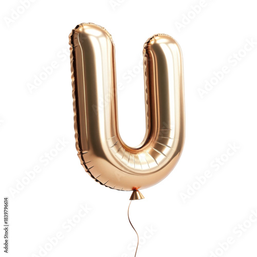 Joyful gold foil balloon letter U, shiny alphabet character for celebration. Isolated 3d element perfect for happy party design