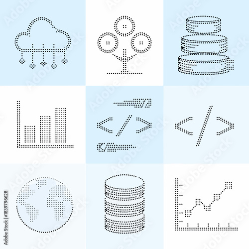 Collection of nine different data visualization charts and graphs with dotted lines and points