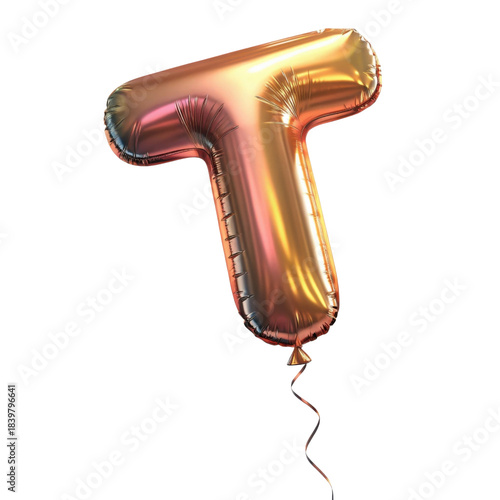 Festive gold balloon letter T from shiny metallic font. happy, celebratory alphabet object for party, isolated on transparent background