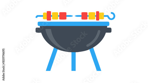 Modern Barbecue Grill With Skewers Cooking Food Over Blue Grill Surface On Black Background Minimalist Style Flat Design