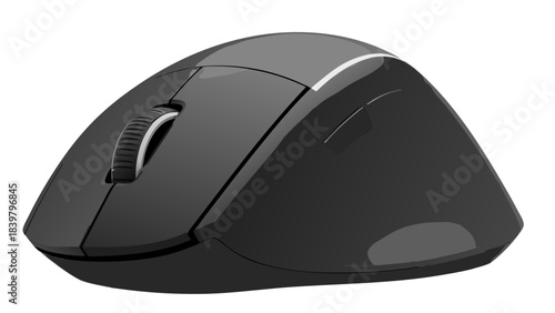 Modern Dark Gray Wireless Computer Mouse with Scroll Wheel and Ergonomic Design Isolated on a Black Background Perfect for Technology and Gaming Setups