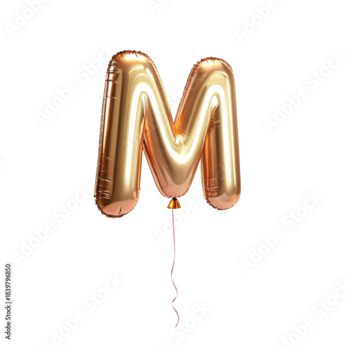 Festive rose gold letter M balloon, shiny inflatable alphabet character for celebration or party decoration on an isolated background