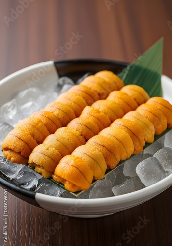 Premium Fresh Uni (Sea Urchin Roe) Delicacy Served on Ice in a White Bowl