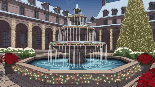 Festive Courtyard Fountain: A captivating view showcases a multi-tiered fountain centerpiece in a snow-covered courtyard, accented by festive lights, all set against an elegant building.