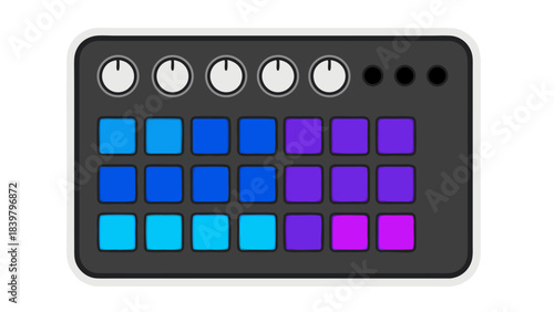 Modern Electronic Music Production Controller with Colorful Pads and Rotary Knobs on a Black Background