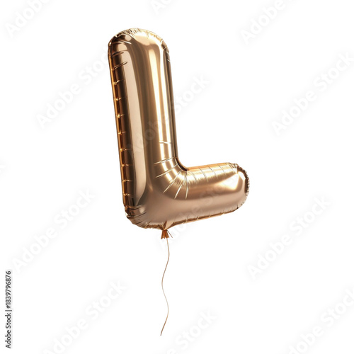 Festive rose gold foil balloon letter L for celebration and party decoration. Shiny 3d alphabet font element isolated transparent