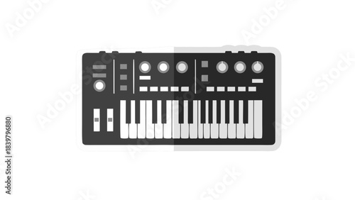 Modern Electronic Synthesizer Keyboard Musical Instrument with Black and White Keys and Control Knobs on a Black Background Flat Design Style