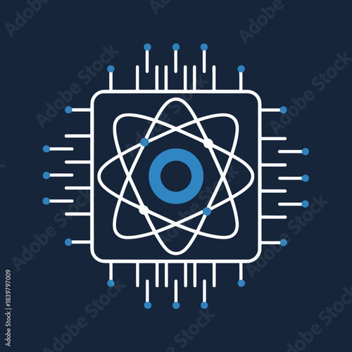Modern atom symbol with digital circuit lines representing technology and science on dark background