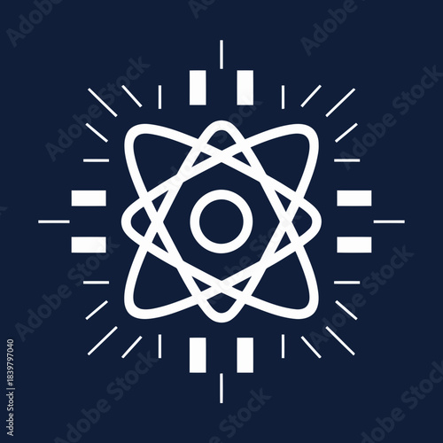Atomic symbol with light rays in a modern geometric design, representing science and technology