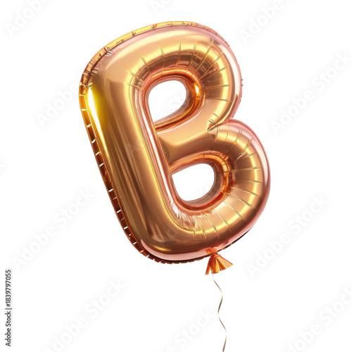 Festive rose gold balloon letter B for celebration. Shiny, metallic alphabet character isolated transparency background feeling joyous