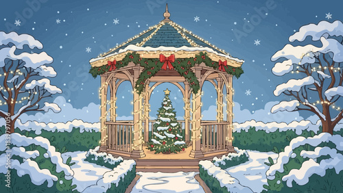 Winter Wonderland Gazebo: A serene gazebo adorned with festive holiday decorations, nestled within a snowy landscape, exuding the spirit of the season.
