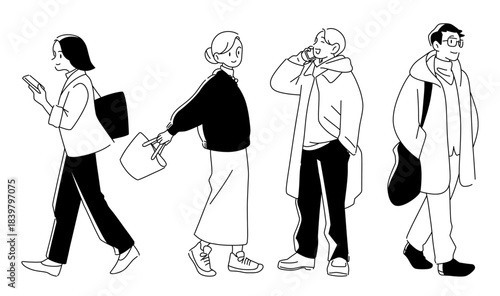 楽しそうな男女の全身のモノクロ線画イラストセット