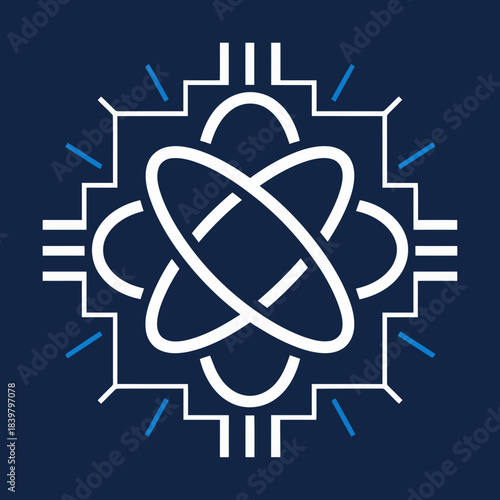 Atomic symbol with geometric design and blue accents on dark background
