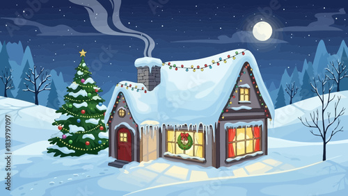 Winter Wonderland Retreat: A cozy, snow-covered cabin is nestled within a wintery scene with a decorated tree. capturing the warmth of the holiday season and the serenity of a snowy night.