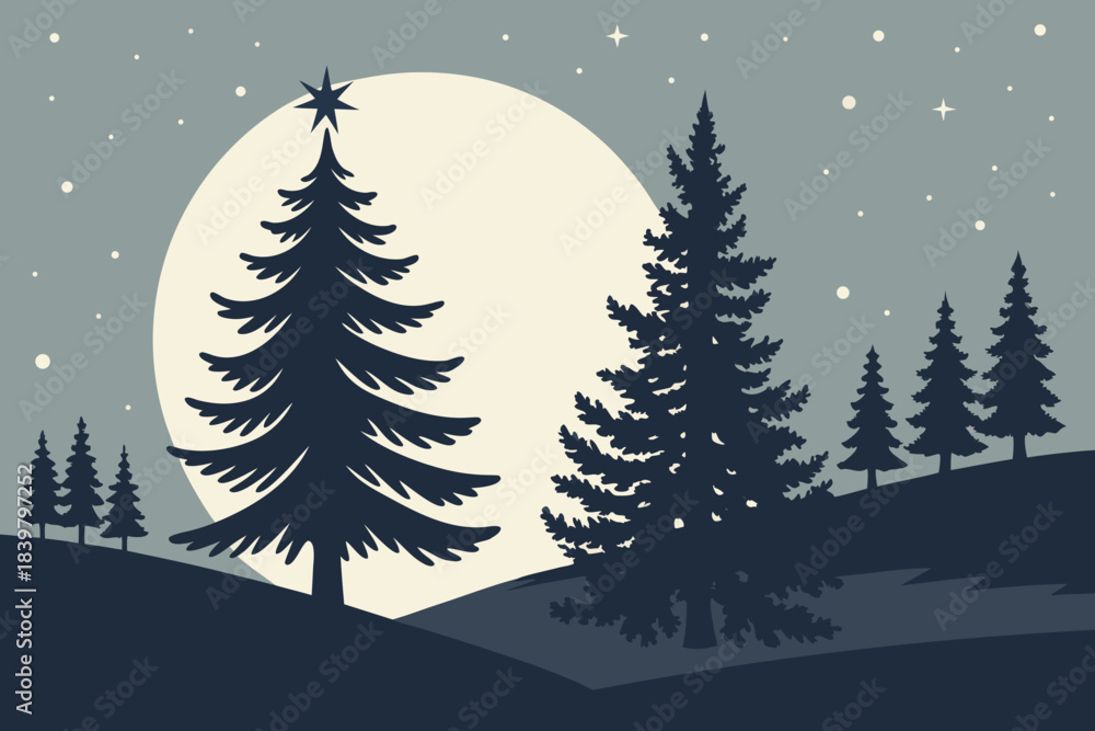 Fototapeta premium Christmas Night Landscape with Glowing Tree Vector 