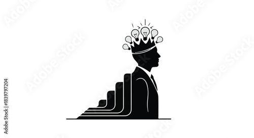 Silhouette of a crowned figure with glowing ideas ascending a staircase of progress