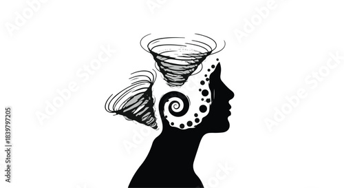 Abstract silhouette of a head with swirling vortex representing chaotic thoughts or mental storm.