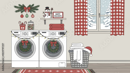 Cozy Laundry Room Festive: A laundry room adorned with holiday decorations. Two washers and a dryer are at the center with a cheerful holiday theme. This image is perfect for any project. 