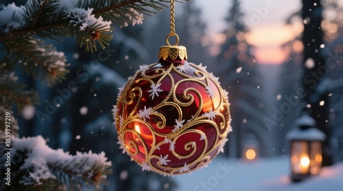 Red glass christmas tree ornament with golden swirls and snowflakes hanging on snowy pine branch during cold winter evening.